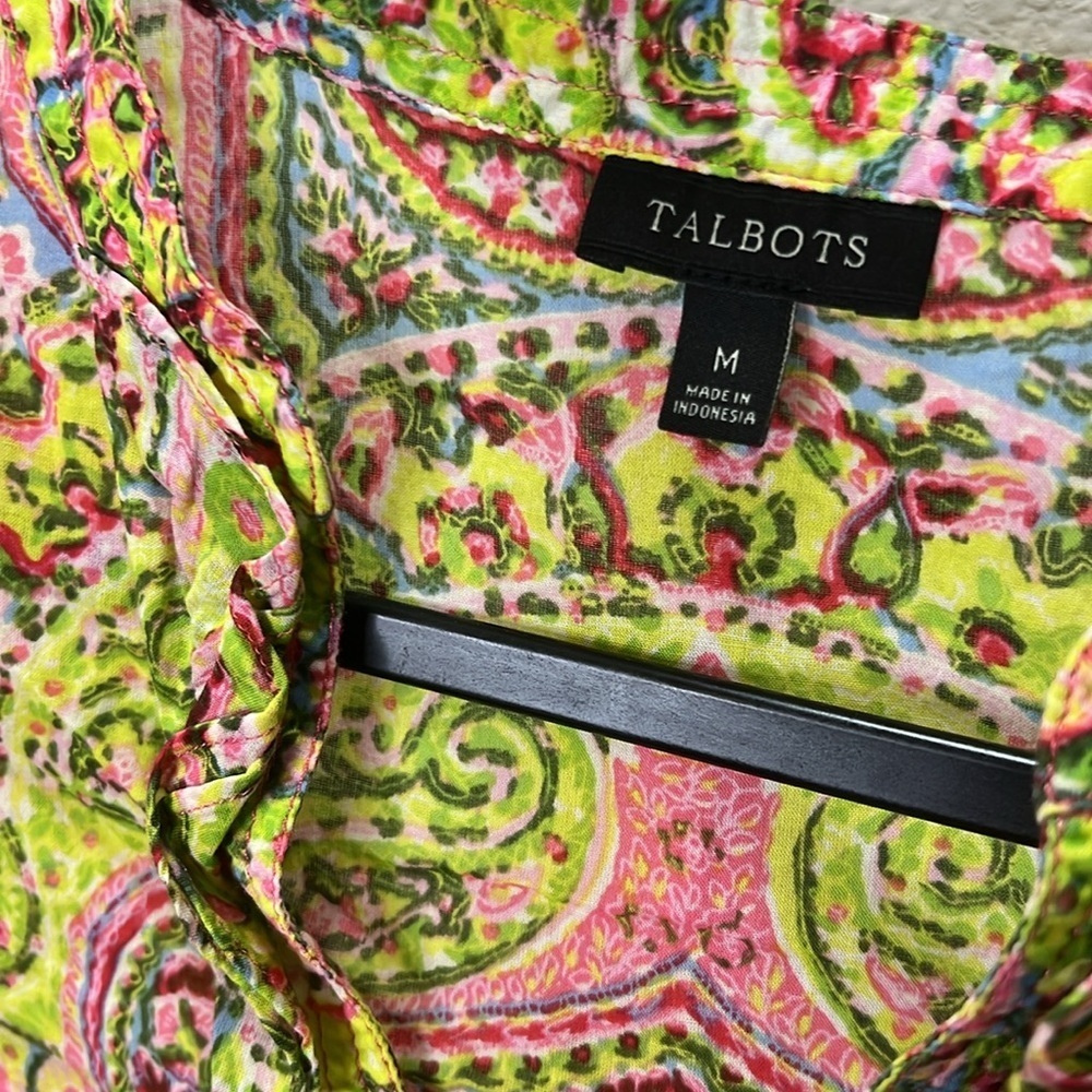 Talbots bright print popover blouse Yellow Pink Medium - Picture 2 of 5